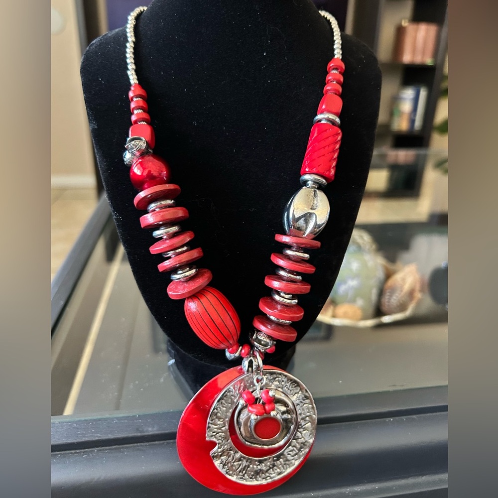 Red and Silver Beaded Necklace